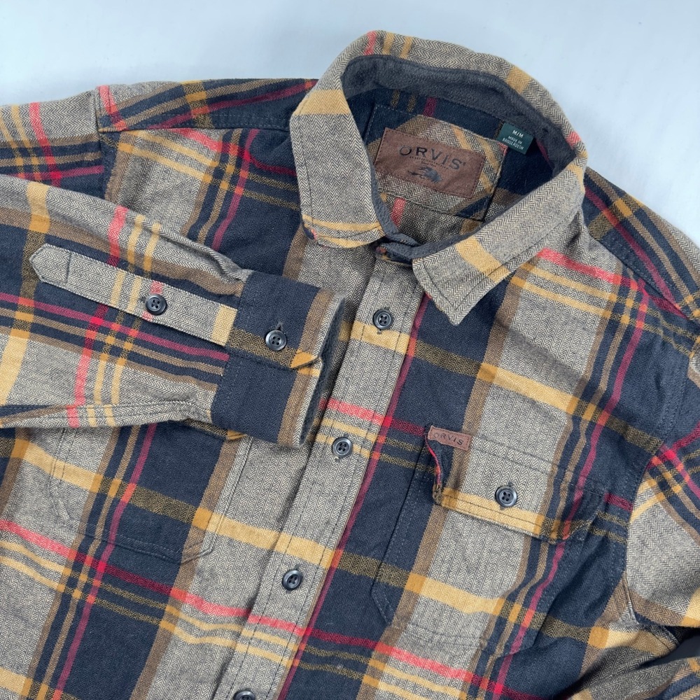 ORVIS Men's Heavyweight Flannel Shirt Medium Plaid Black Brown Pockets Jacket
